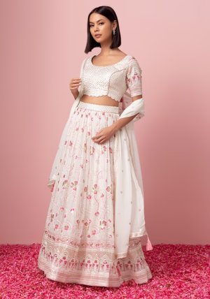 White Floral Sequin Embroidered Lehenga Set With Blouse And Dupatta