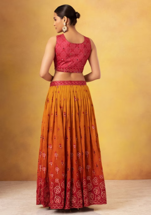 Orange Floral Embroidered Lehenga Set With Contrast Embroidered Blouse And Dupatta