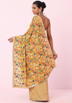 Mustard Tonal Multicolour Floral Embroidered Saree With Blouse