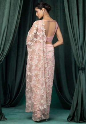 Peach Floral Sequin Embroidered Mesh Pre-Stitched Saree Set With Embroidered Blouse