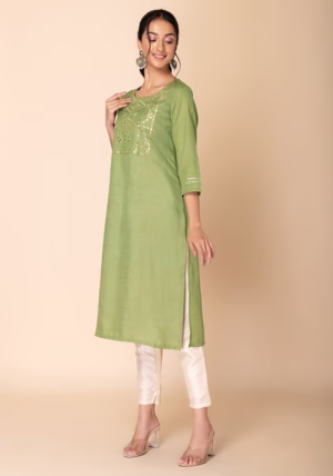 Pastel Green Mirror And Thread Embroidered Straight Kurta