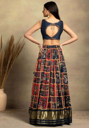 Navy Blue Abstract Print Satin Lehenga Set With Embellished Blouse And Dupatta