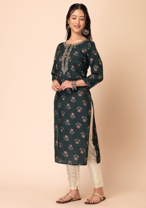 Black Floral Print Straight Kurta