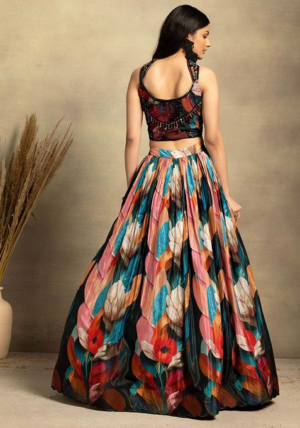 Black Multicolour Floral Print Lehenga Set With Embellished Blouse And Dupatta