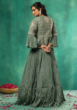 Green Tiered Lehenga Set With Embellished Short Kurta