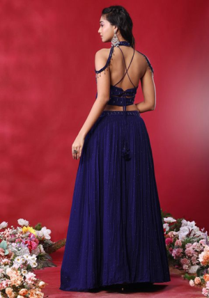 Blue Embellished Lehenga Set With Sequin Embellished Halter Neck Blouse