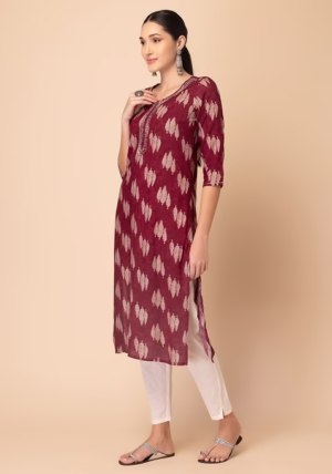 Maroon Leaf Print Embroidered Rayon Kurta