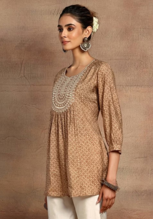 Brown Mirror Embroidered Short Muslin Kurta