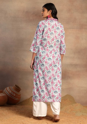 Light Grey Floral Print V-Neck Cotton Kurta