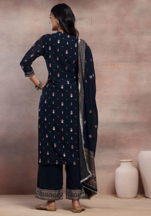 Navy Blue Mughal Boota Print Anarkali Kurta With Pants And Dupatta