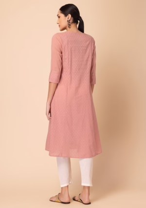Peach Embroidered Cotton A-Line Kurta
