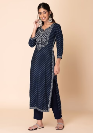 Blue Striped Embroidered Muslin Kurta With Pants And Printed Dupatta