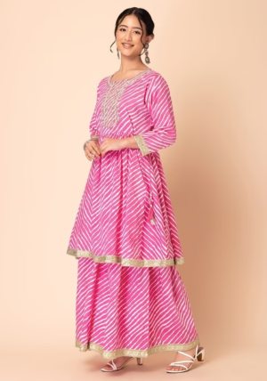 Pink Leheriya Print Cotton Sharara With Kurta And Chiffon Dupatta
