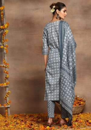 Grey Floral Print Cotton Kurta With Printed Pants And Dupatta