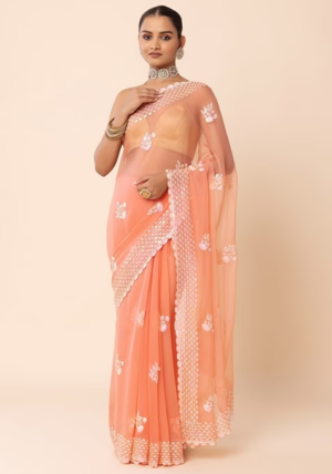 Peach Hologram Sequin Floral Boota Embroidered Saree With Blouse