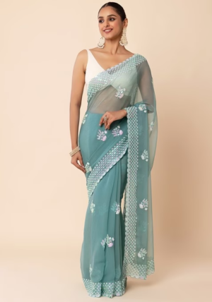 Sea Green Hologram Sequin Floral Boota Embroidered Saree With Blouse