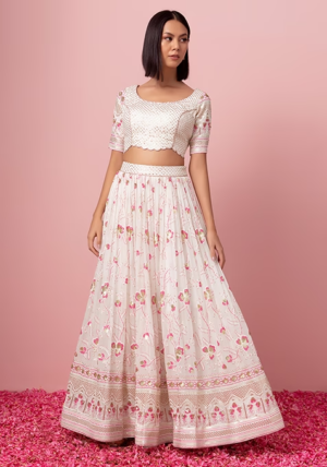 White Floral Sequin Embroidered Lehenga Set With Blouse And Dupatta
