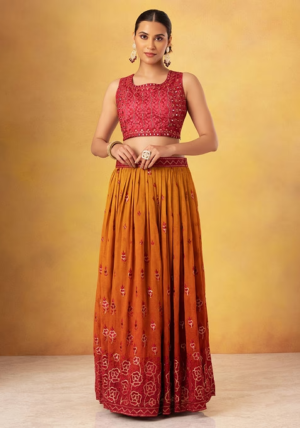 Orange Floral Embroidered Lehenga Set With Contrast Embroidered Blouse And Dupatta