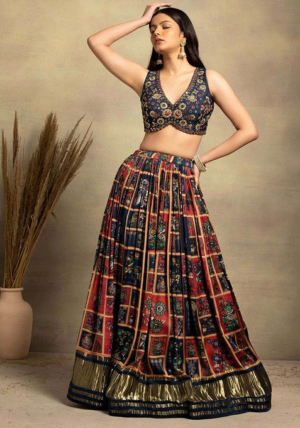 Navy Blue Abstract Print Satin Lehenga Set With Embellished Blouse And Dupatta