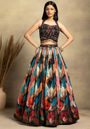 Black Multicolour Floral Print Lehenga Set With Embellished Blouse And Dupatta