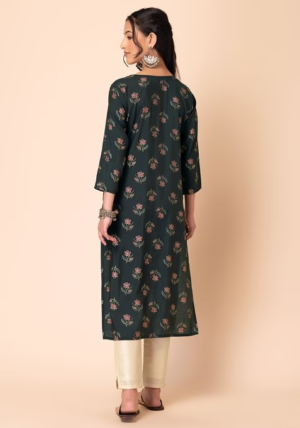Black Floral Print Straight Kurta