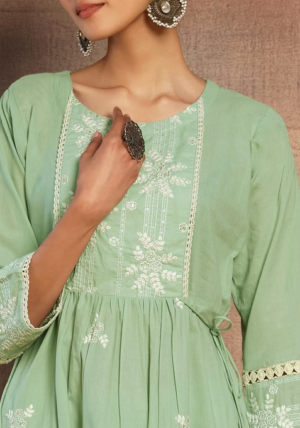 Mint Green Embroidered Cotton Kurta And Pants