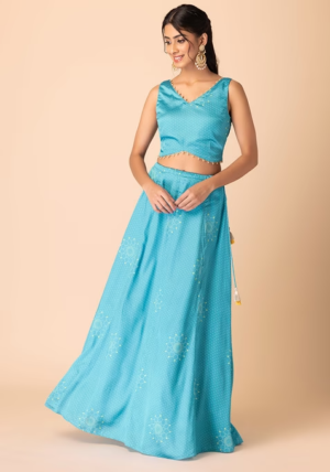 Light Blue Bandhani Print Satin Lehenga Skirt