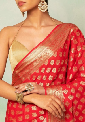 Red Floral Brocade Saree With Blouse