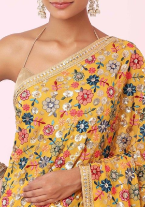 Mustard Tonal Multicolour Floral Embroidered Saree With Blouse