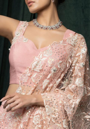Peach Floral Sequin Embroidered Mesh Pre-Stitched Saree Set With Embroidered Blouse