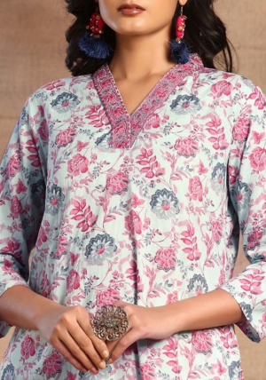 Light Grey Floral Print V-Neck Cotton Kurta