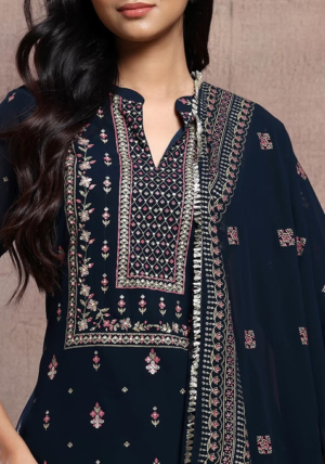 Navy Blue Mughal Boota Print Anarkali Kurta With Pants And Dupatta