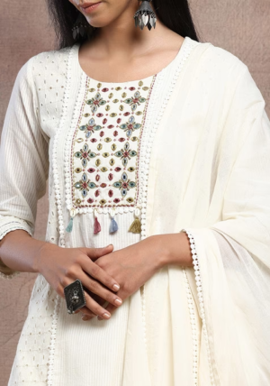 Ivory Mirror Embroidered Schiffli Cotton Kurta With Pants And Dupatta