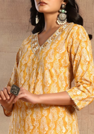 Mustard Yellow V-Neck Paisley Print Cotton Kurta