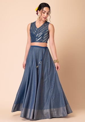 Blue Foil Print Kalidar Lehenga Skirt